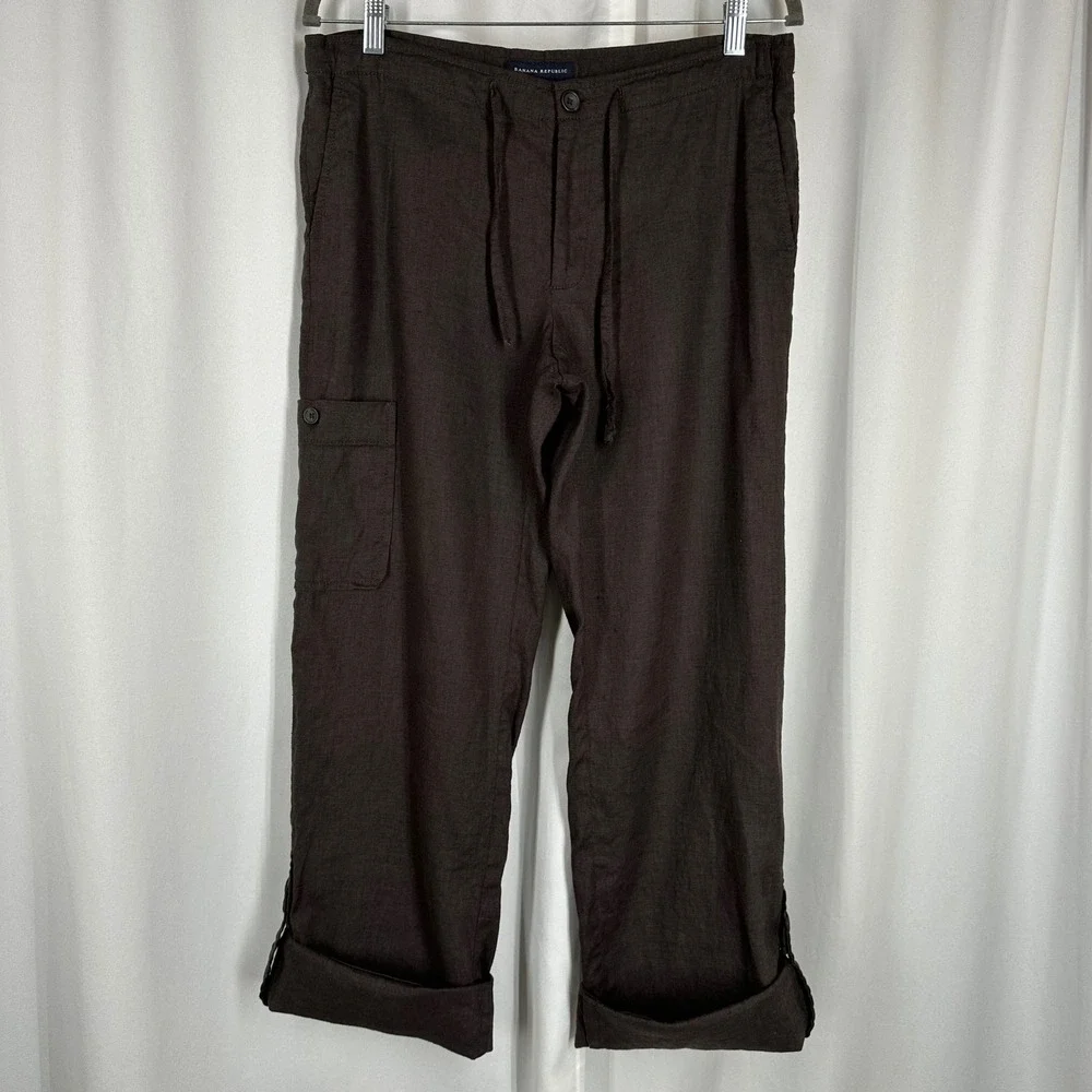 Banana Republic Linen Blend Cargo Pants Size 6 Brown Roll Tab 30